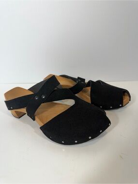 CYDWOQ Handmade USA Black Suede Wood Clog Sandals Strappy Peep Toe Size 35